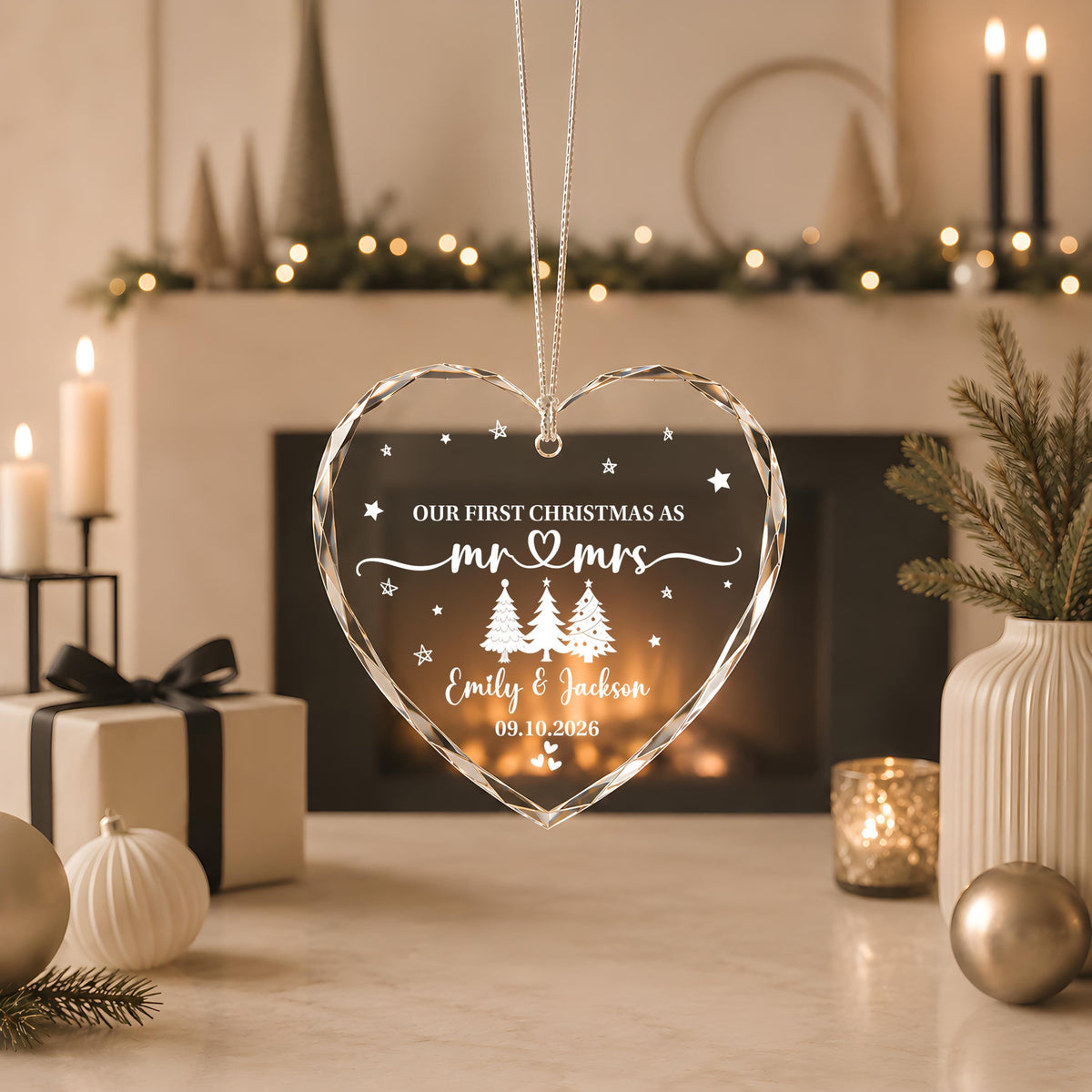 Custom Our First Christmas as Mr & Mrs Engraved Heart Keepsake Ceramic Ornament