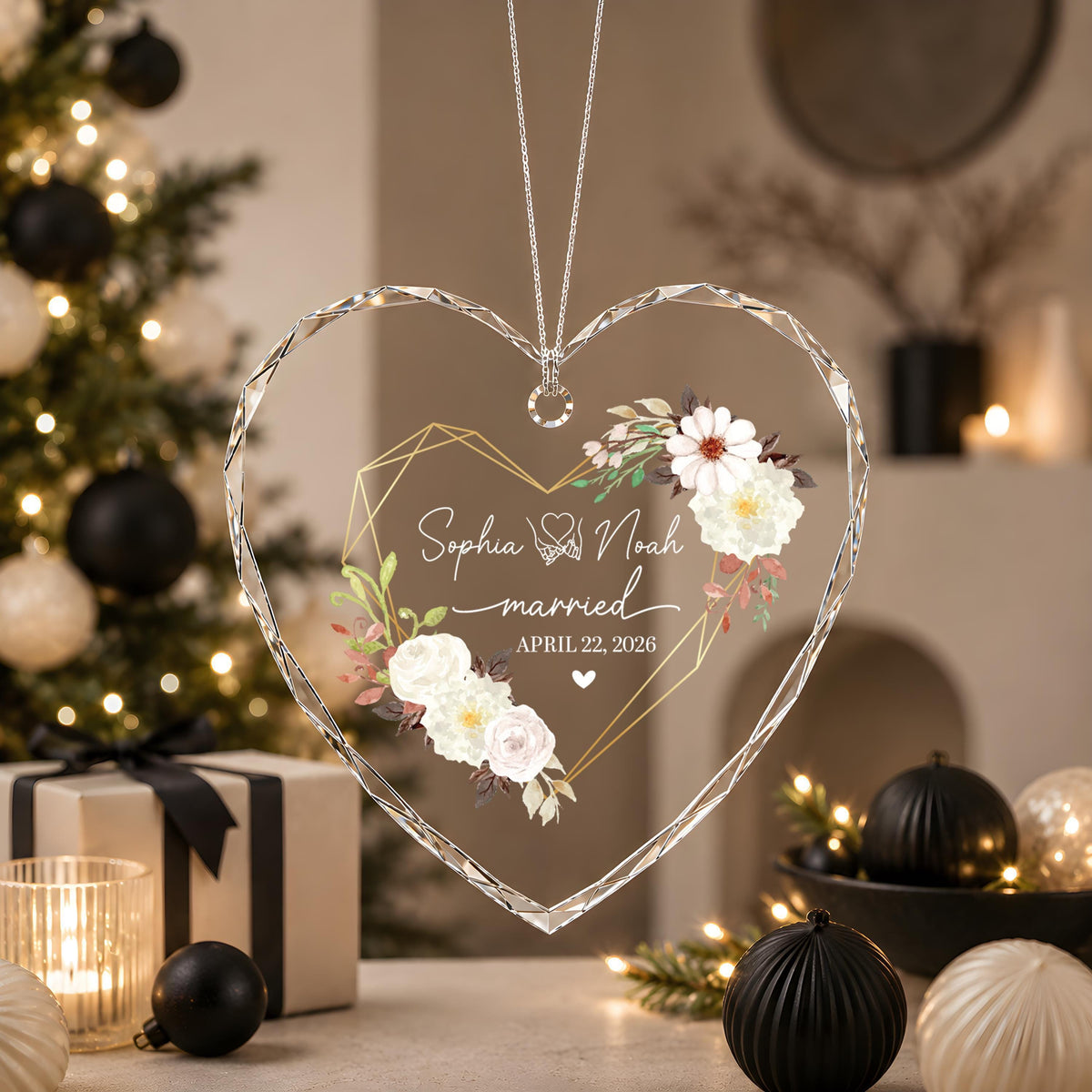 Personalized Floral Geometric Married Ornament, Custom Name Romantic Heart Glass Keepsake