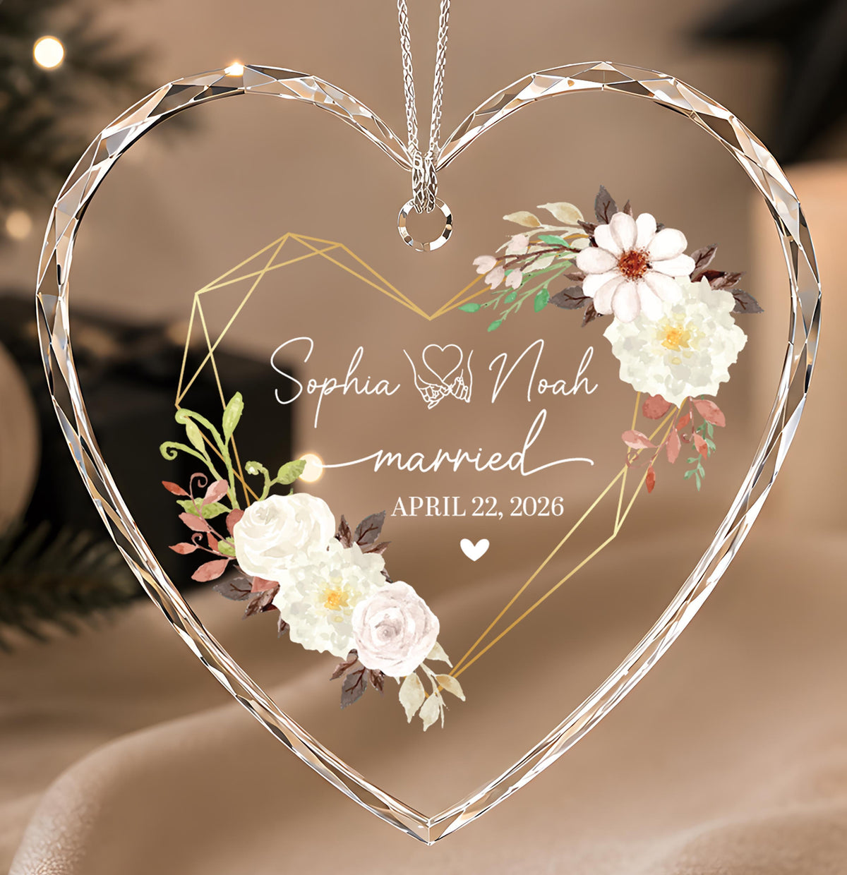 Personalized Floral Geometric Married Ornament, Custom Name Romantic Heart Glass Keepsake