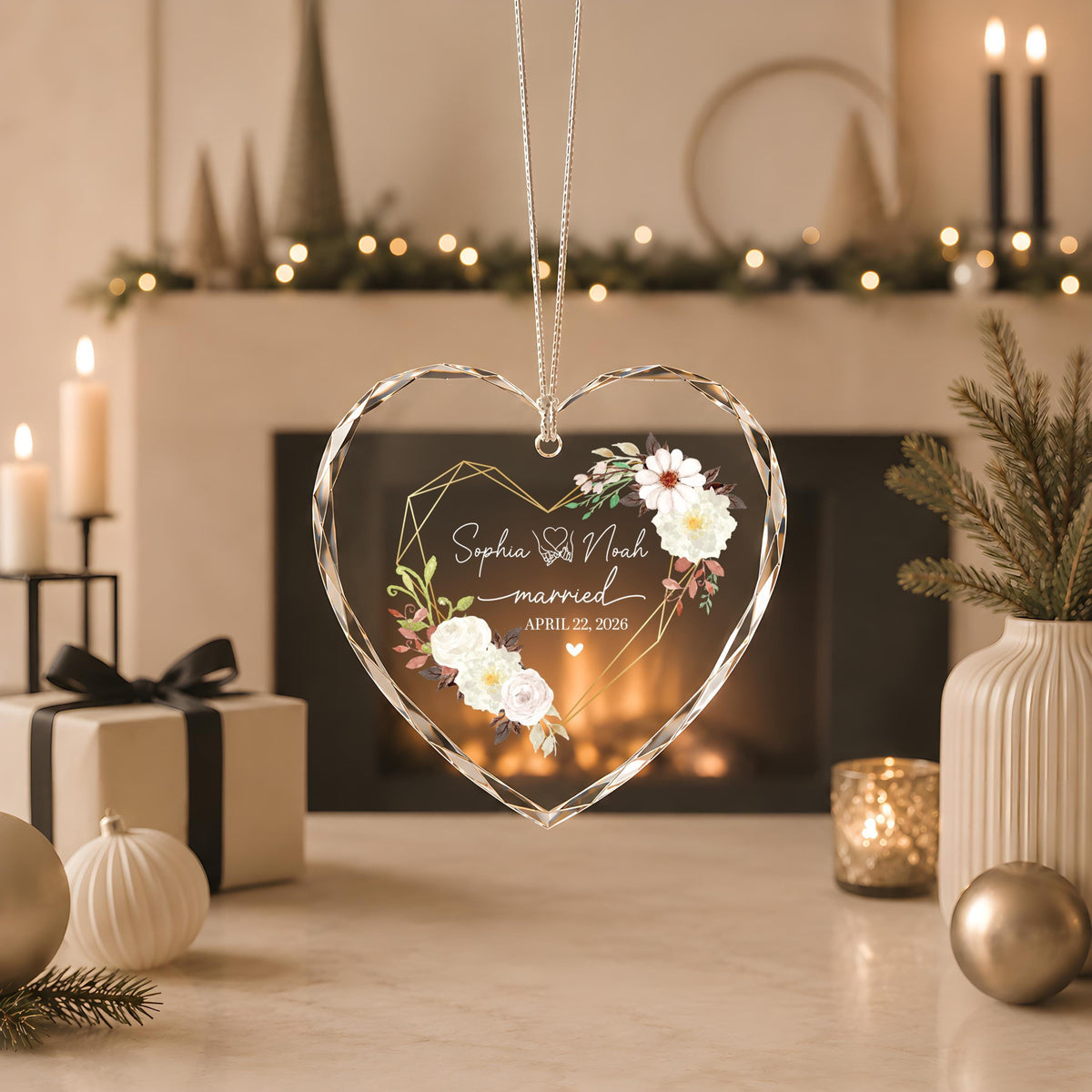 Personalized Floral Geometric Married Ornament, Custom Name Romantic Heart Glass Keepsake