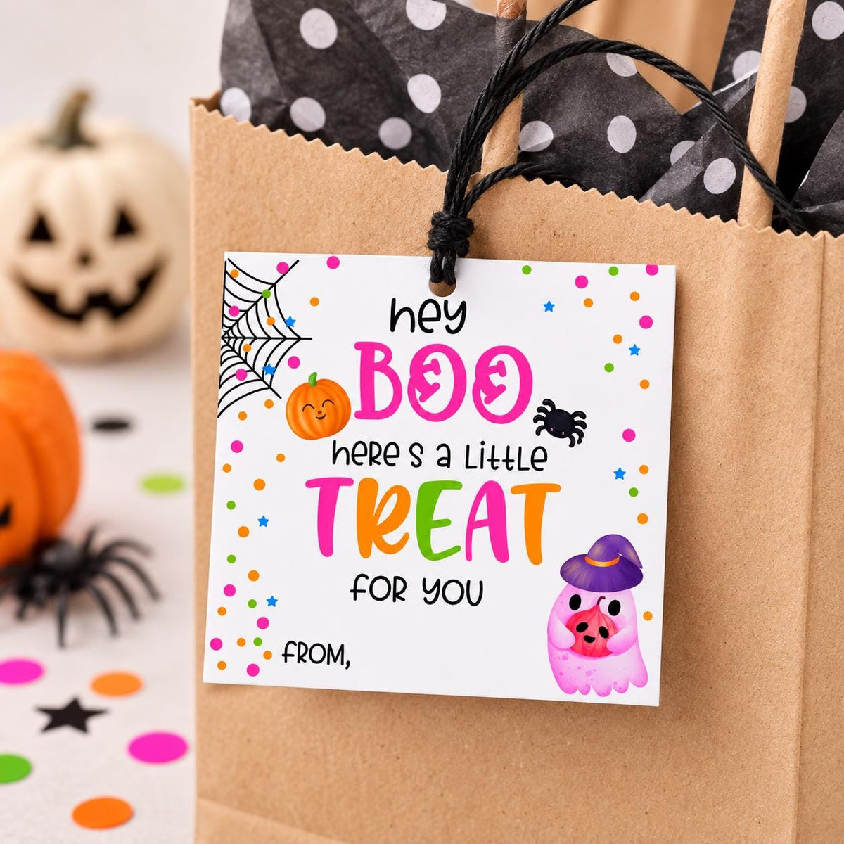 Hey Boo Halloween Treat Tags, Square Favor Tags with Black String (2.5" Size)