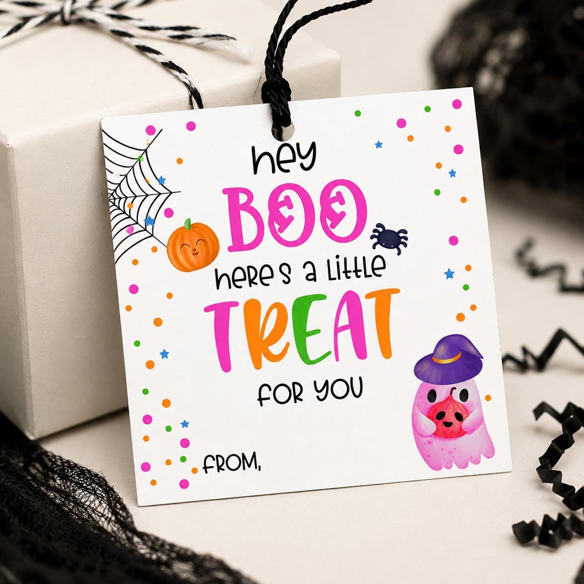 Hey Boo Halloween Treat Tags, Square Favor Tags with Black String (2.5" Size)