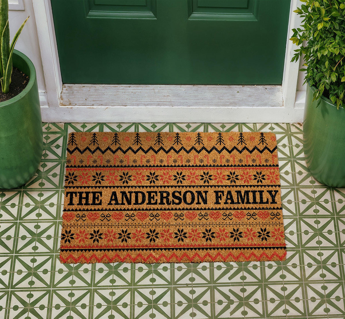 Personalized Ugly Sweater Christmas Doormat, Holiday Snowflake Welcome Mat, Family Name Winter Housewarming Gift