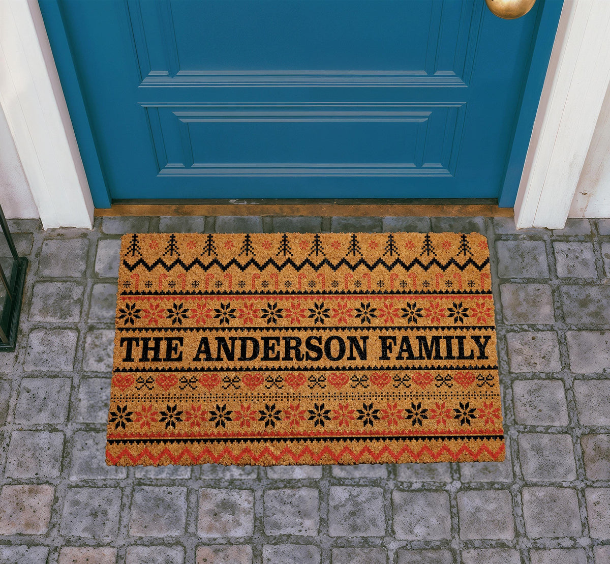 Personalized Ugly Sweater Christmas Doormat, Holiday Snowflake Welcome Mat, Family Name Winter Housewarming Gift
