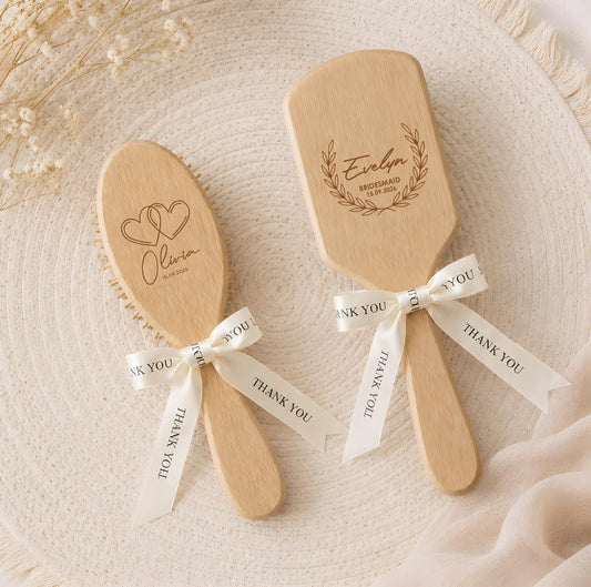 Personalized Bamboo Hair Brush, Custom Engraved Name with Satin Ribbon Bow