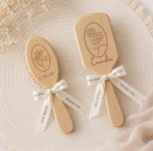 Personalized Oval Bamboo Hair Brush, Floral Engraved Custom Name Gift