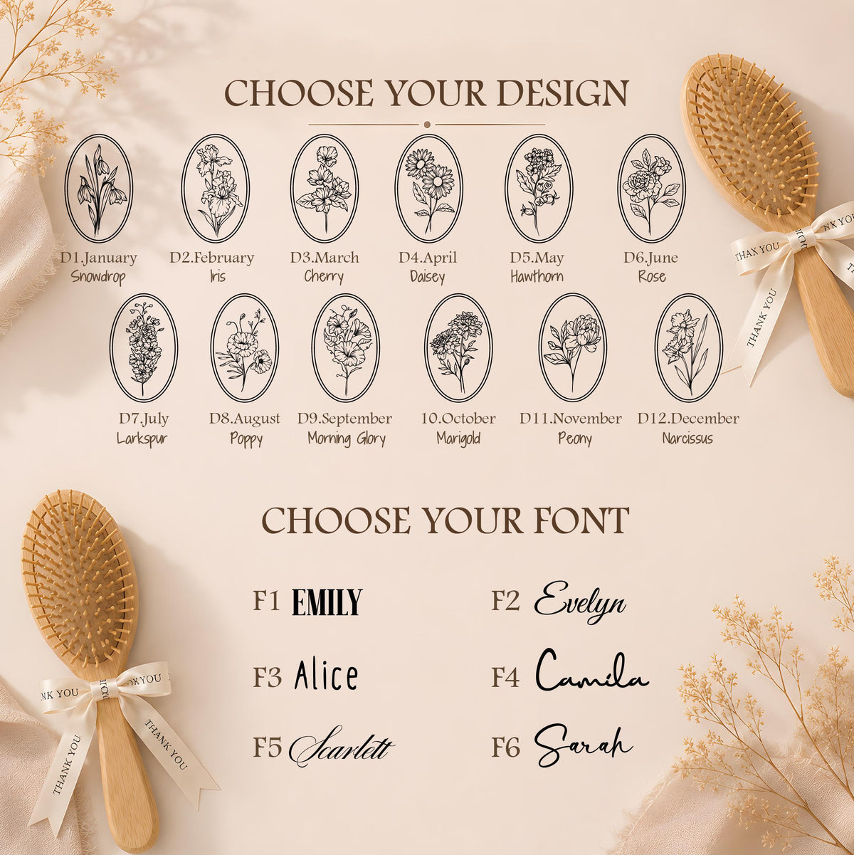 Personalized Oval Bamboo Hair Brush, Floral Engraved Custom Name Gift
