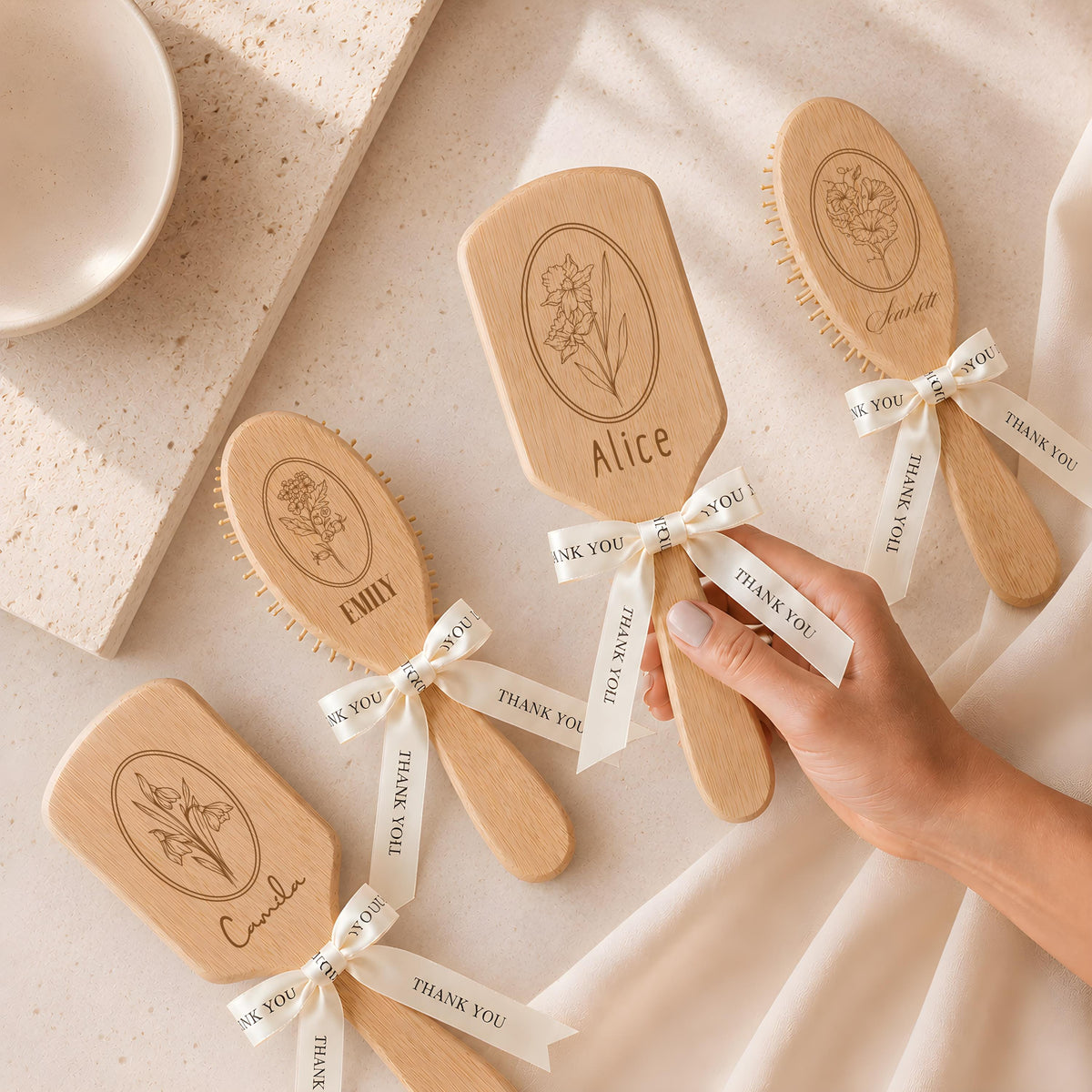 Personalized Oval Bamboo Hair Brush, Floral Engraved Custom Name Gift