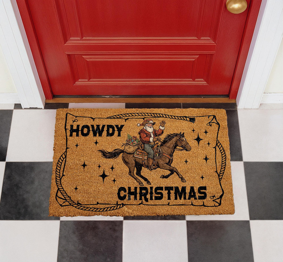 Cowboy Santa Howdy Christmas Doormat, Western Holiday Porch Decor