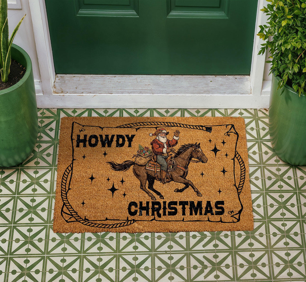 Cowboy Santa Howdy Christmas Doormat, Western Holiday Porch Decor