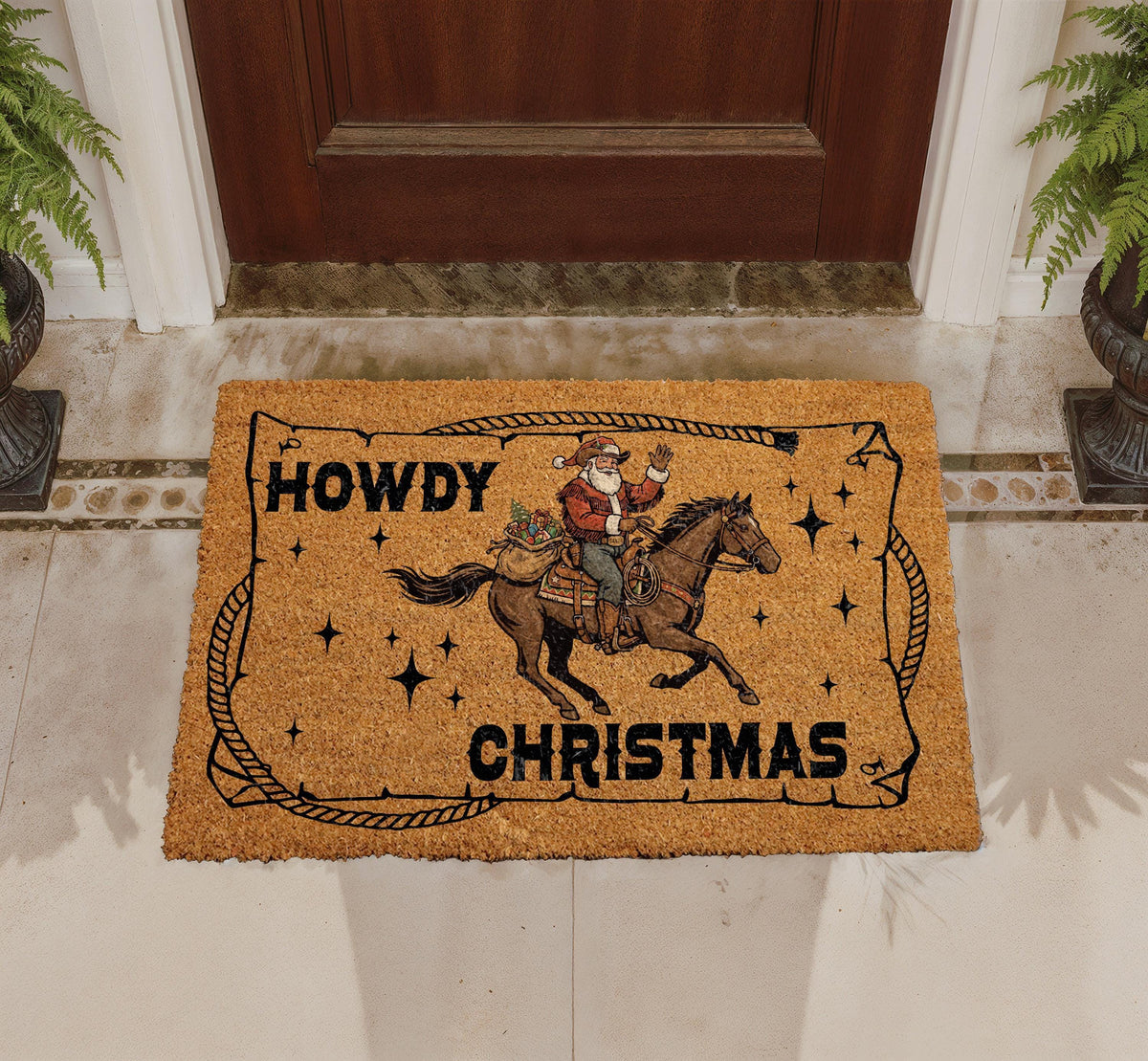 Cowboy Santa Howdy Christmas Doormat, Western Holiday Porch Decor