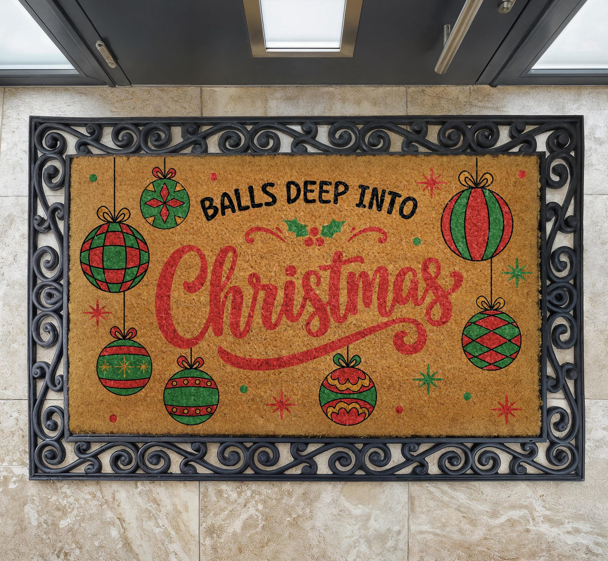 Funny Christmas Welcome Mat, Balls Deep Into Christmas Doormat