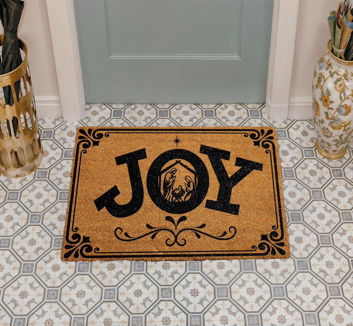 Christian Christmas Doormat, Nativity Scene Joy Welcome Mat
