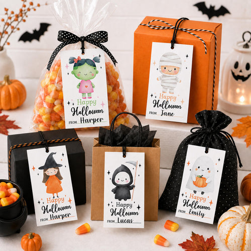 Halloween Gift Hang Tags, Personalized Trick or Treat Tags, Halloween Party Favor Tags for Kids