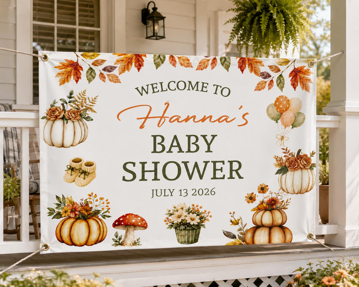 Personalized Autumn Pumpkin Baby Shower Banner, Watercolor Fall Welcome Sign