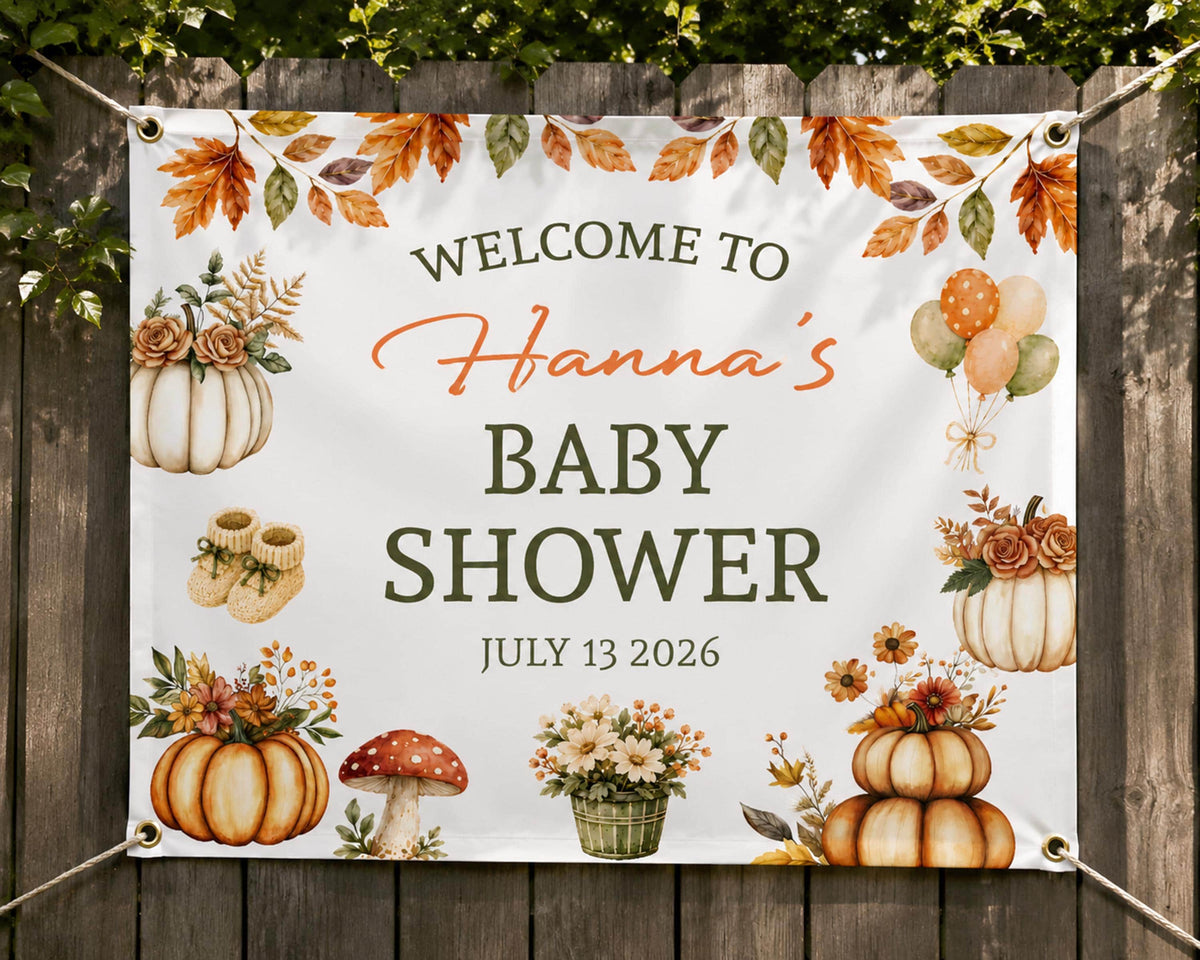 Personalized Autumn Pumpkin Baby Shower Banner, Watercolor Fall Welcome Sign