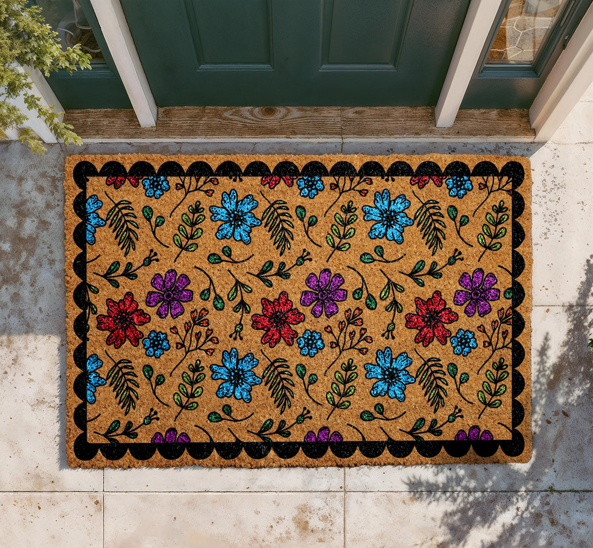 Vibrant Floral Coir Doormat, Wildflower Welcome Mat, Botanical Entryway Rug