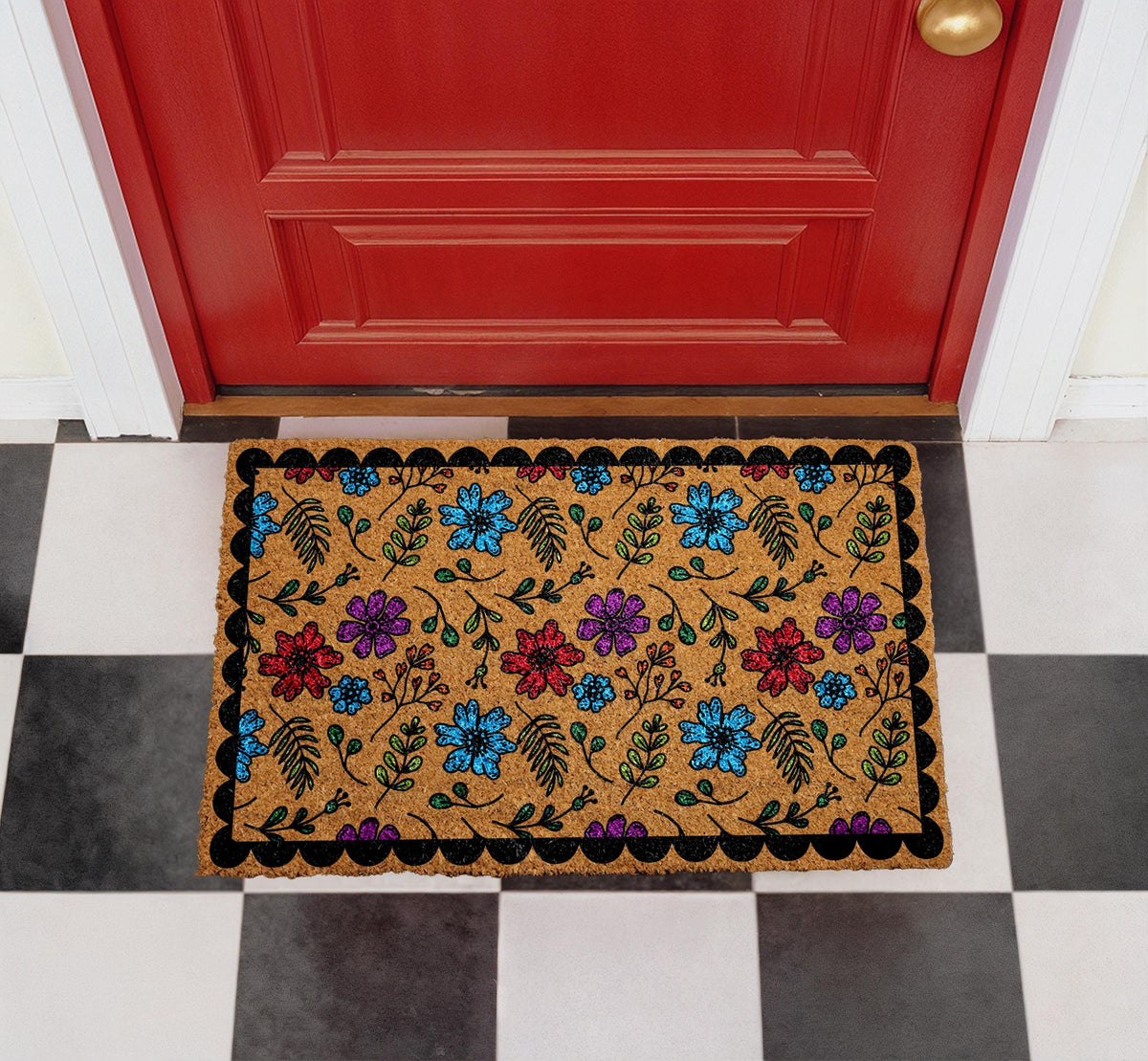 Vibrant Floral Coir Doormat, Wildflower Welcome Mat, Botanical Entryway Rug