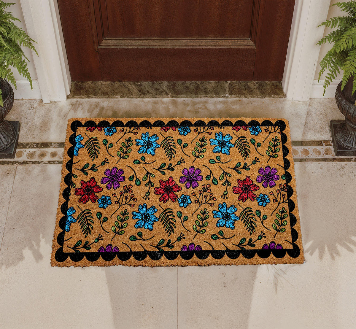 Vibrant Floral Coir Doormat, Wildflower Welcome Mat, Botanical Entryway Rug