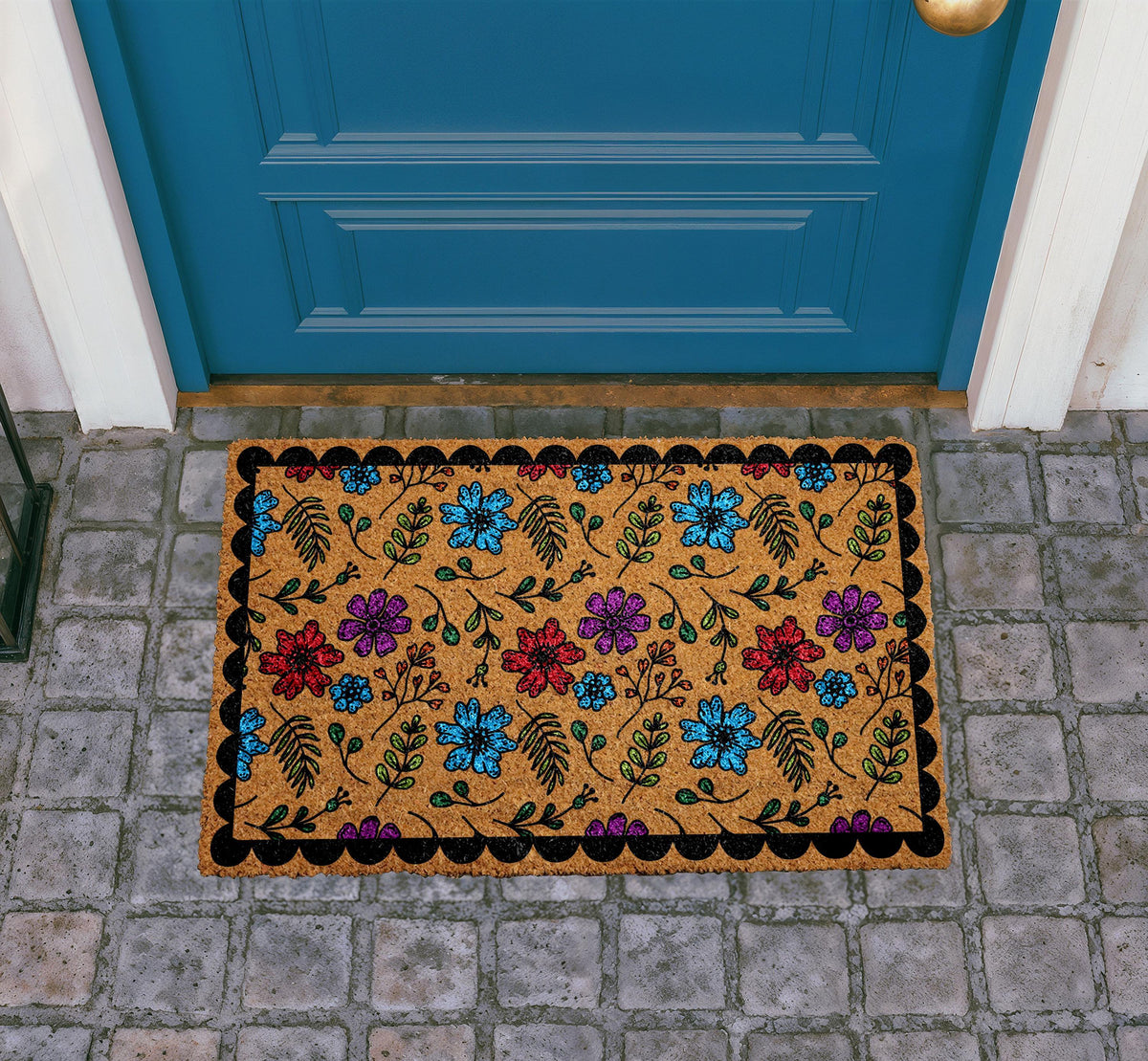 Vibrant Floral Coir Doormat, Wildflower Welcome Mat, Botanical Entryway Rug