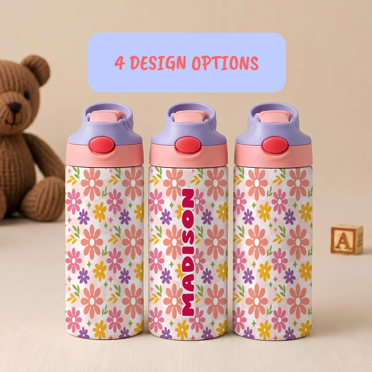Personalized Kids Stainless Steel Tumbler, Custom Name Floral Water Bottle