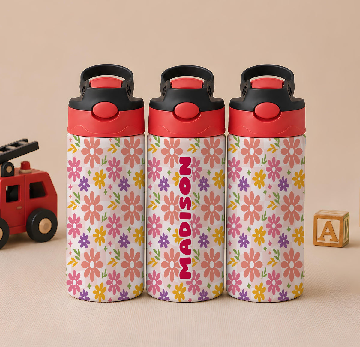 Personalized Kids Stainless Steel Tumbler, Custom Name Floral Water Bottle
