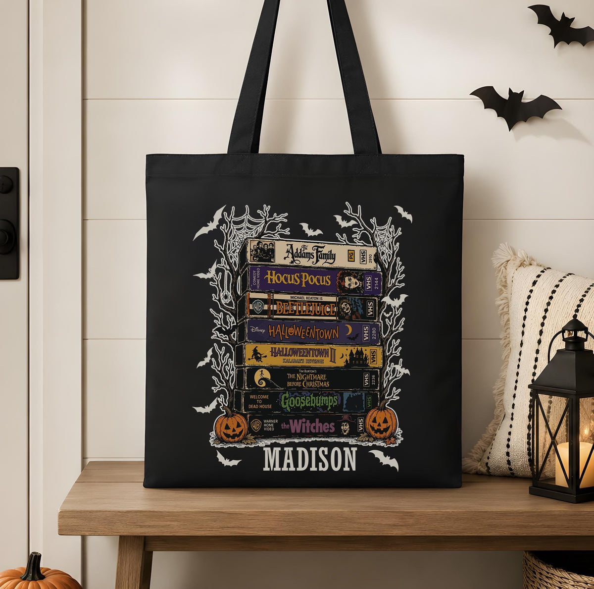 Personalized Halloween Trick or Treat Bag, Custom Name Horror Movie VHS Stack Tote Bag