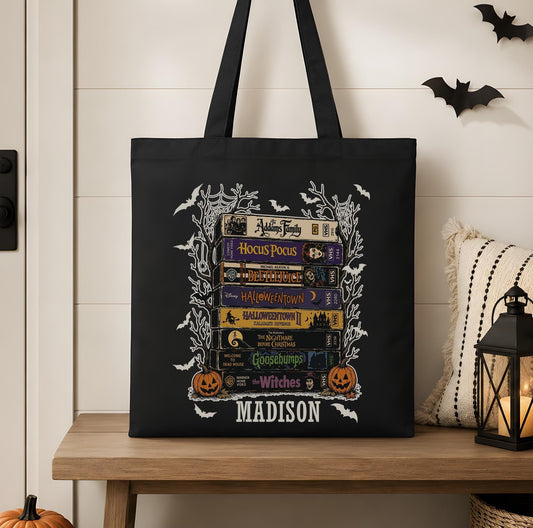 Personalized Halloween Trick or Treat Bag, Custom Name Horror Movie VHS Stack Tote Bag