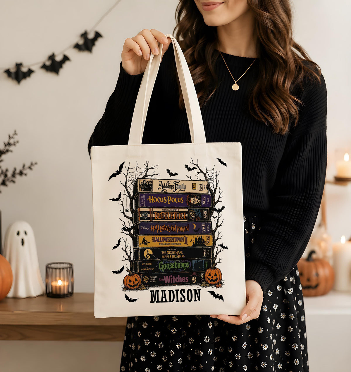 Personalized Halloween Trick or Treat Bag, Custom Name Horror Movie VHS Stack Tote Bag
