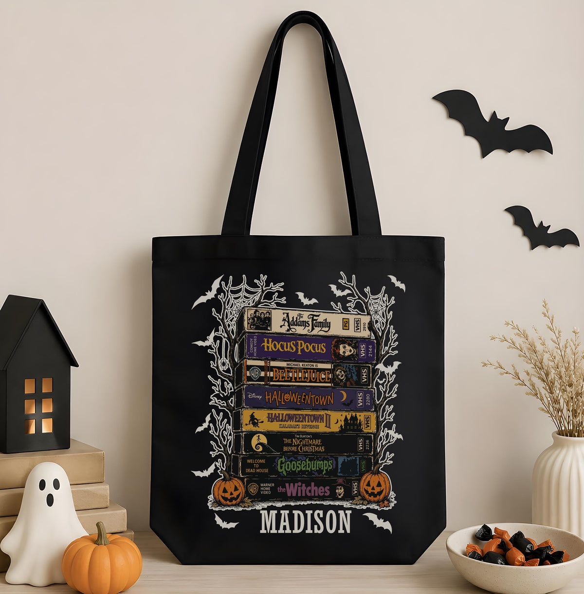 Personalized Halloween Trick or Treat Bag, Custom Name Horror Movie VHS Stack Tote Bag