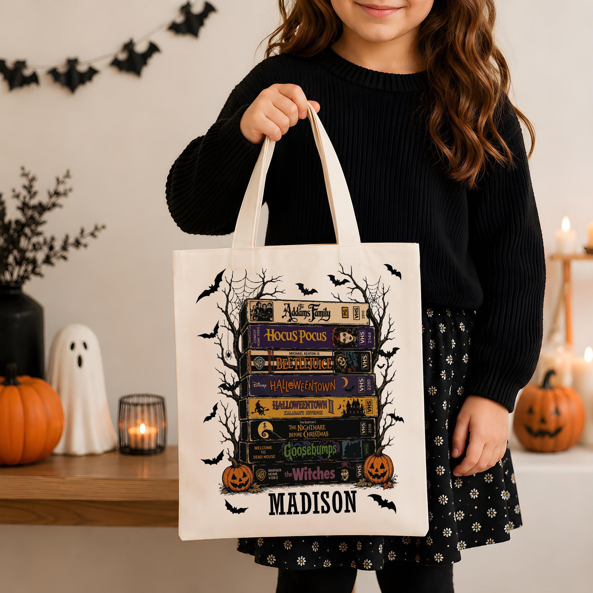 Personalized Halloween Trick or Treat Bag, Custom Name Horror Movie VHS Stack Tote Bag
