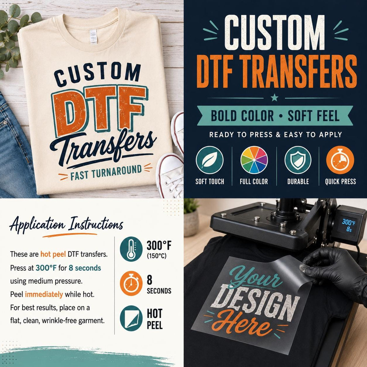 Custom DTF Transfers, Full Color Shirt Prints, Ready to Press Logo Designs