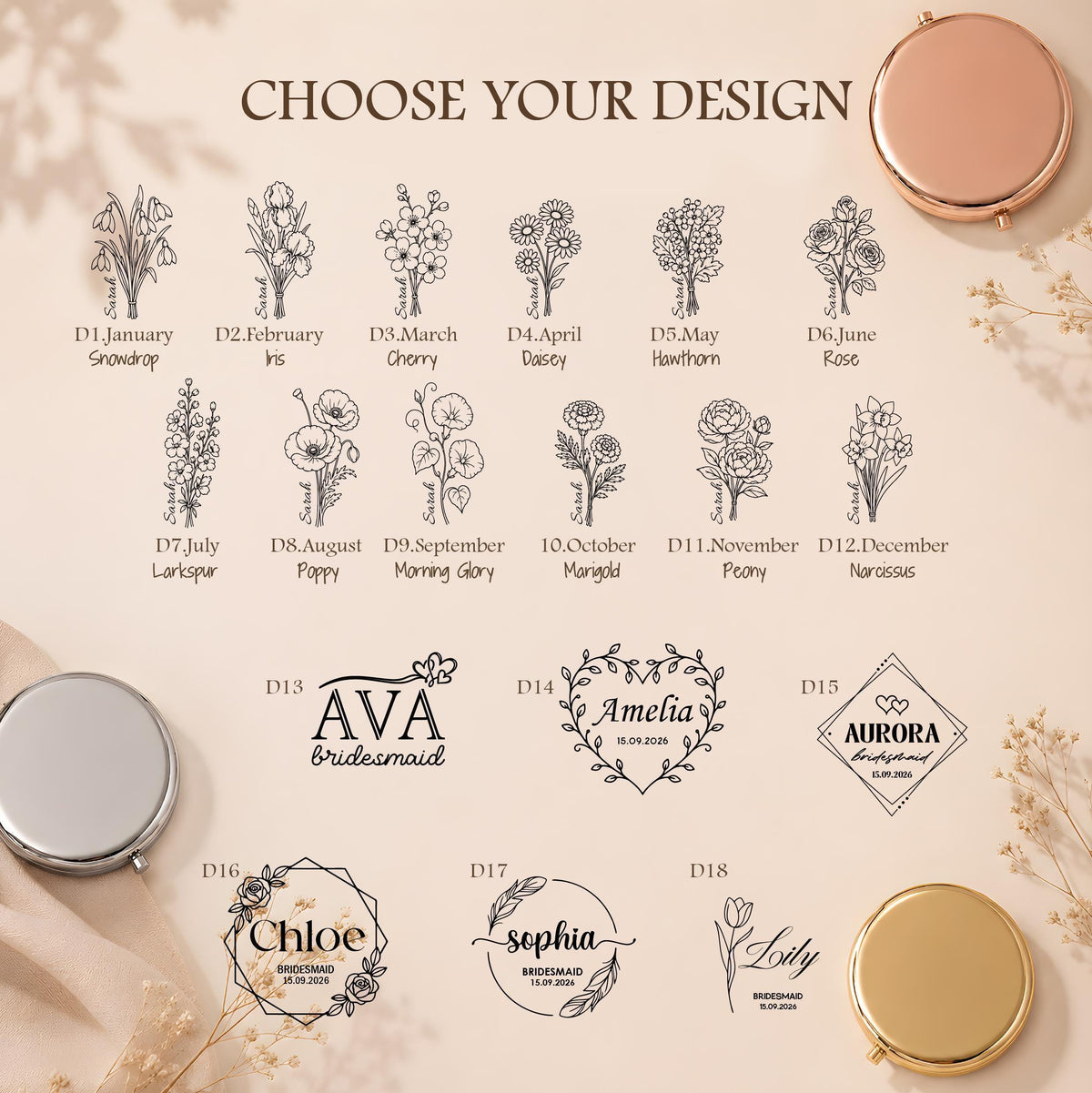 Custom Engraved Metal Compact Mirror, Personalized Birth Flower Name Pocket Mirror