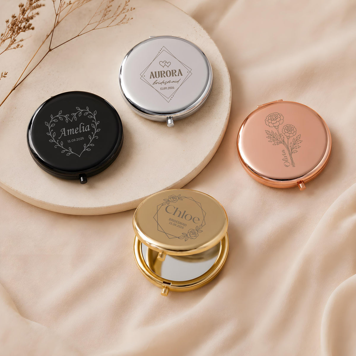 Custom Engraved Metal Compact Mirror, Personalized Birth Flower Name Pocket Mirror