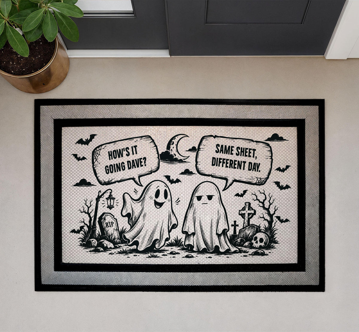 Funny Ghost Halloween Doormat, Same Sheet Different Day Welcome Mat