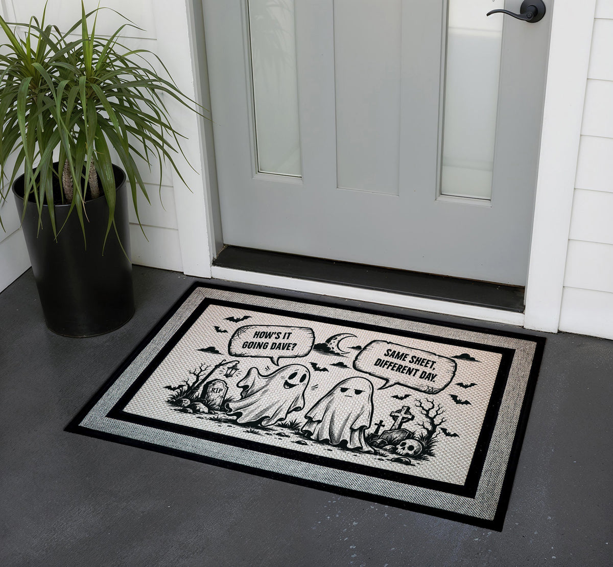Funny Ghost Halloween Doormat, Same Sheet Different Day Welcome Mat
