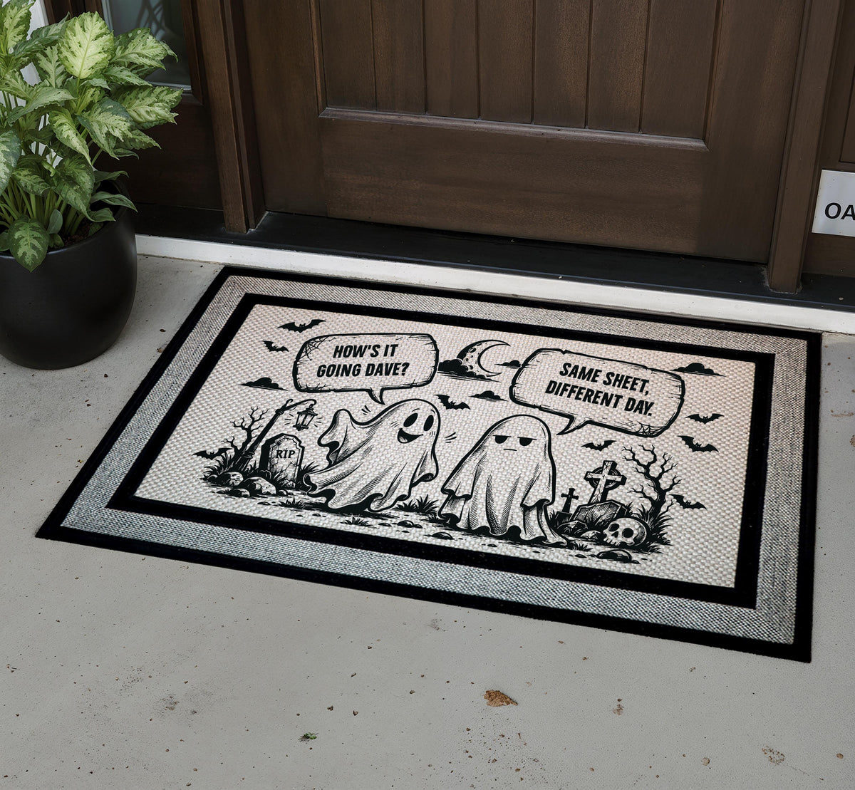 Funny Ghost Halloween Doormat, Same Sheet Different Day Welcome Mat