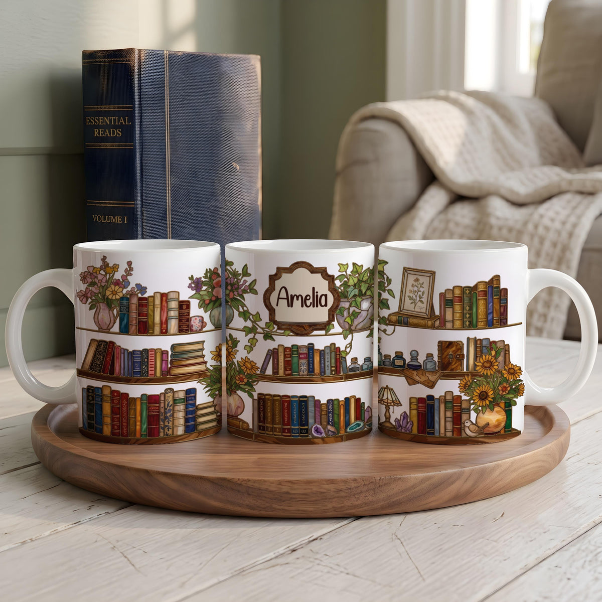 Personalized Book Lover Bookshelf Mug, Custom Bookworm Coffee Cup, Cozy Book Club Gift