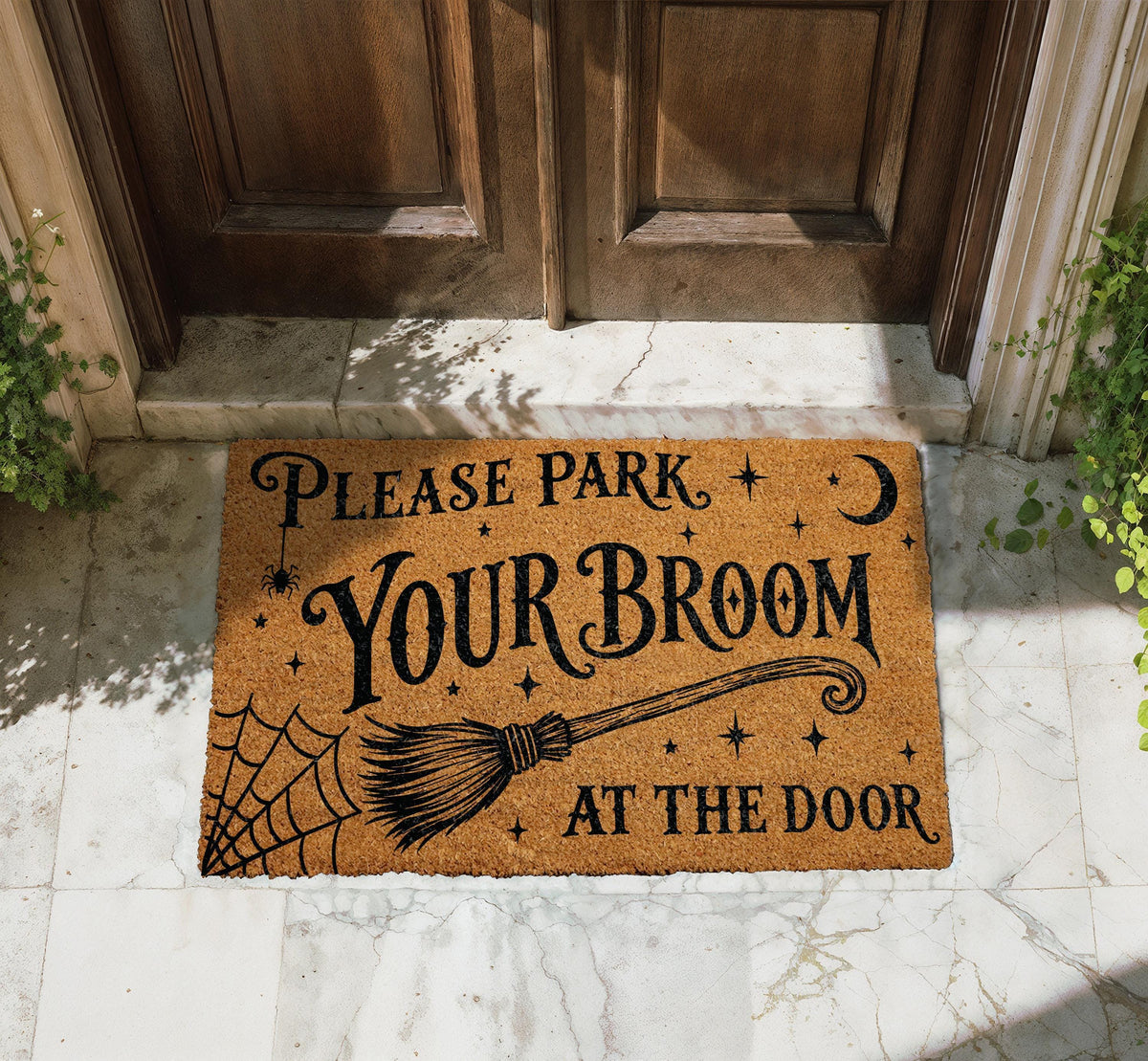 Park Your Broom At The Door Doormat, Funny Witch Welcome Mat, Spooky Halloween Front Porch Rug