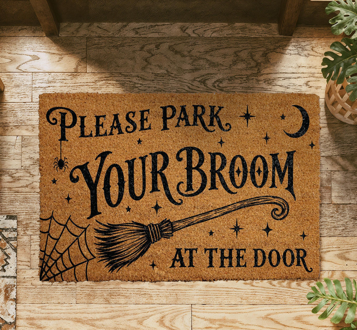 Park Your Broom At The Door Doormat, Funny Witch Welcome Mat, Spooky Halloween Front Porch Rug