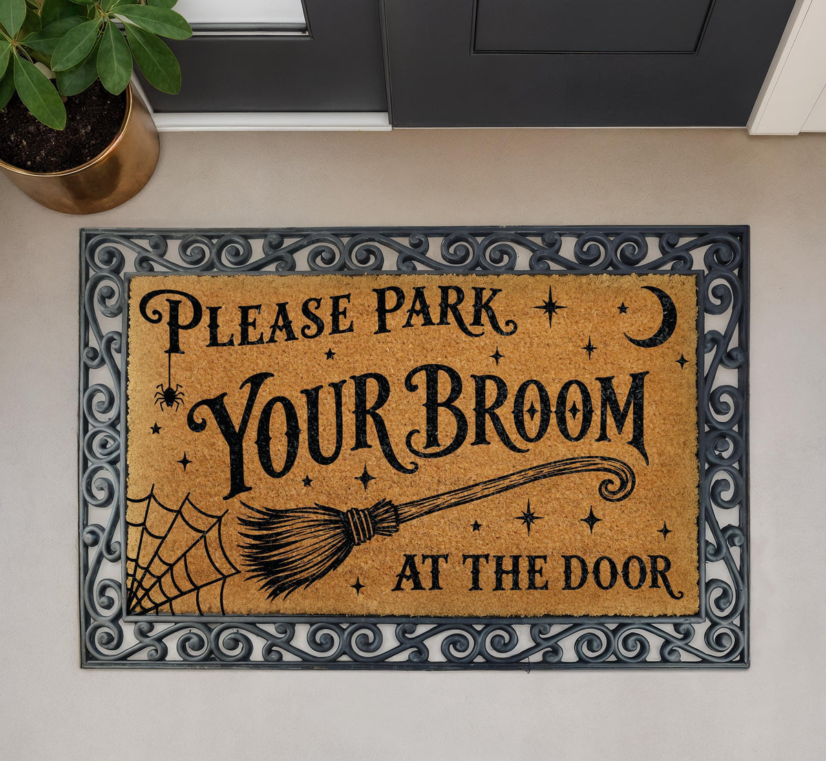 Park Your Broom At The Door Doormat, Funny Witch Welcome Mat, Spooky Halloween Front Porch Rug