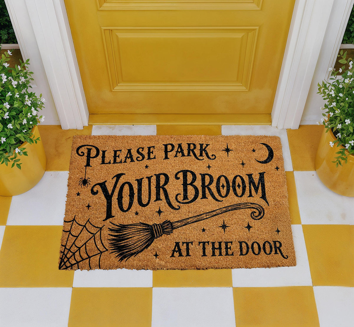 Park Your Broom At The Door Doormat, Funny Witch Welcome Mat, Spooky Halloween Front Porch Rug