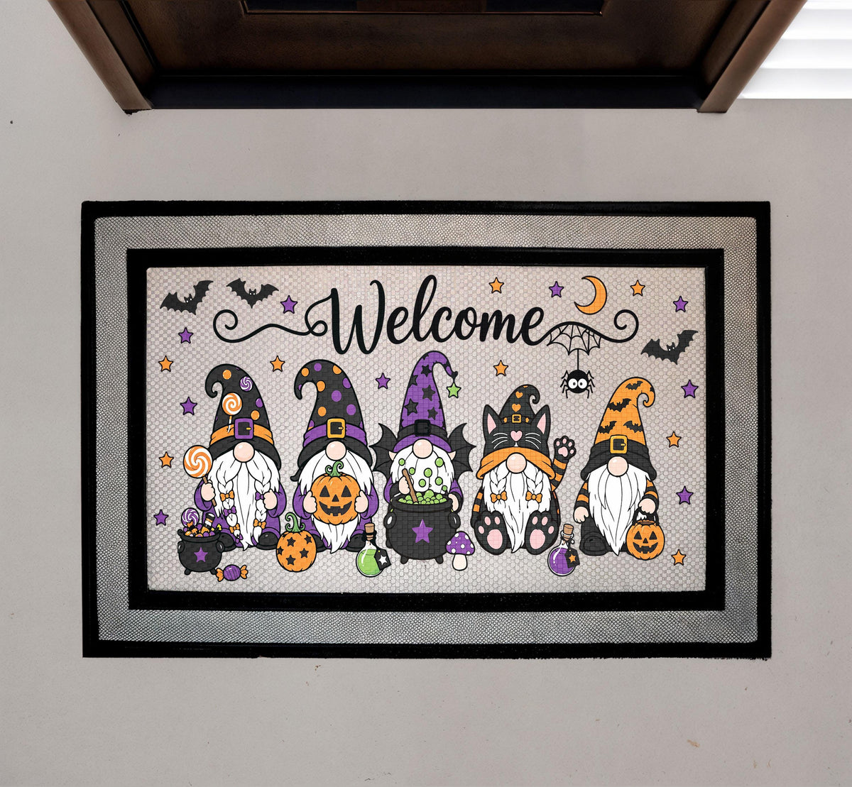 Halloween Gnome Doormat, Spooky Welcome Mat, Witch Cat Porch Decor