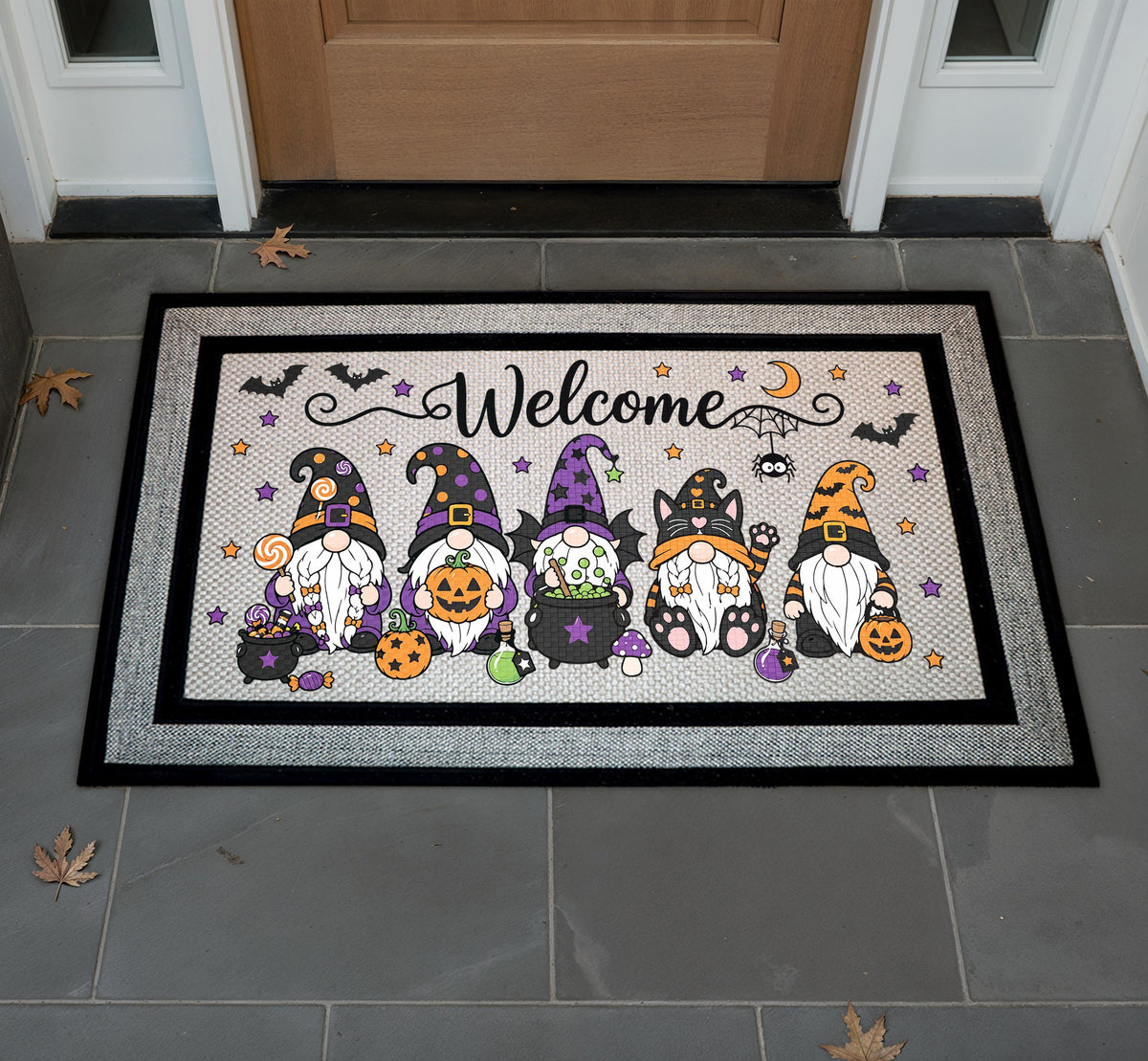 Halloween Gnome Doormat, Spooky Welcome Mat, Witch Cat Porch Decor