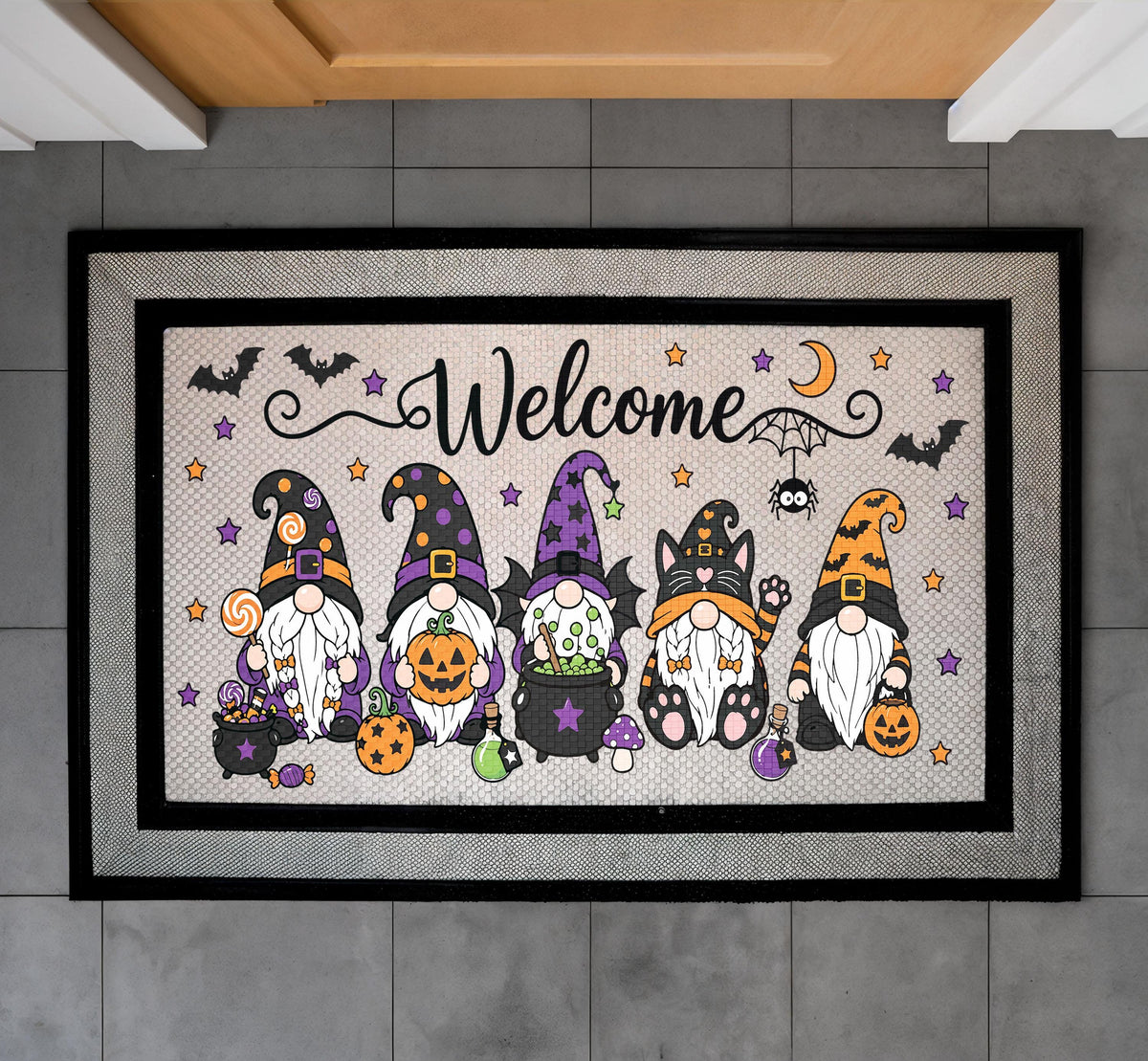 Halloween Gnome Doormat, Spooky Welcome Mat, Witch Cat Porch Decor