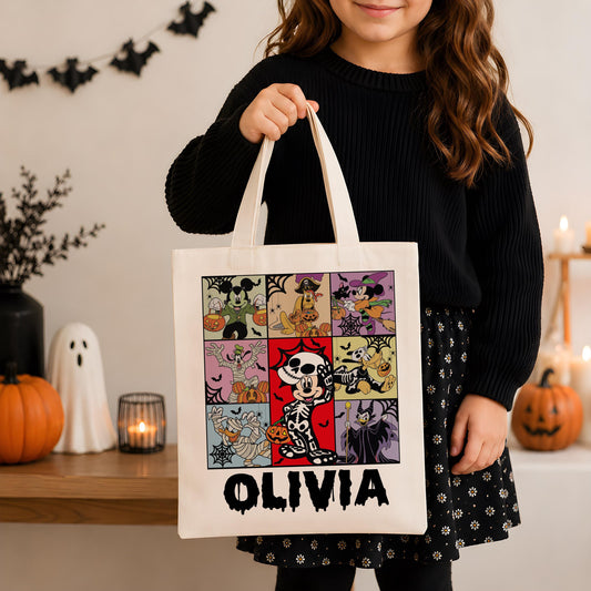 Custom Name Spooky Friends Cartoon Tote Bag, Personalized Kids Halloween Candy Bag