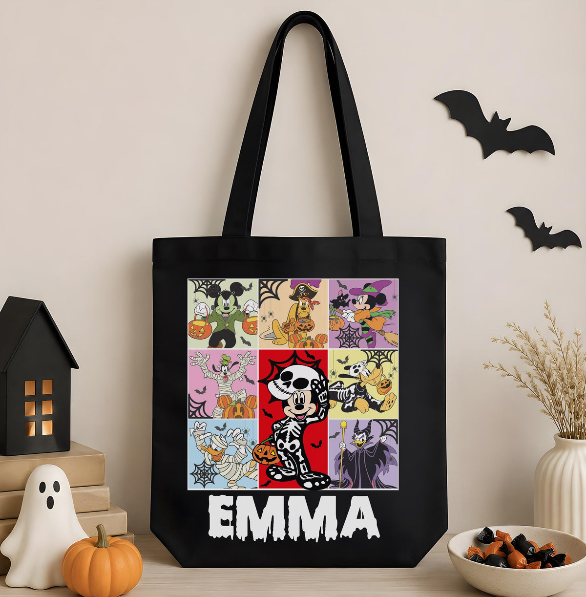 Custom Name Spooky Friends Cartoon Tote Bag, Personalized Kids Halloween Candy Bag