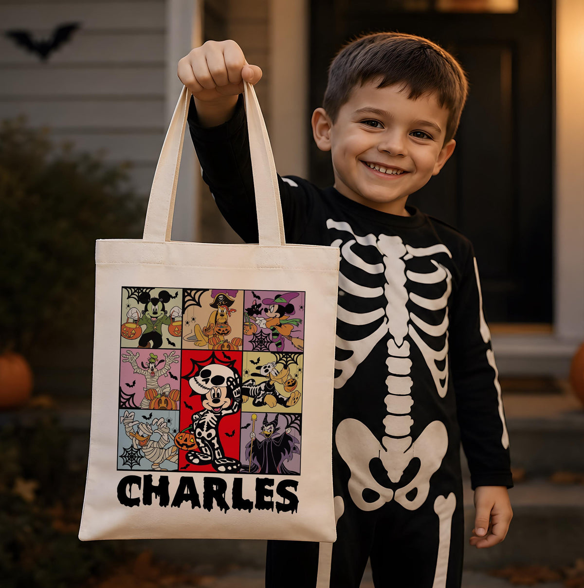 Custom Name Spooky Friends Cartoon Tote Bag, Personalized Kids Halloween Candy Bag