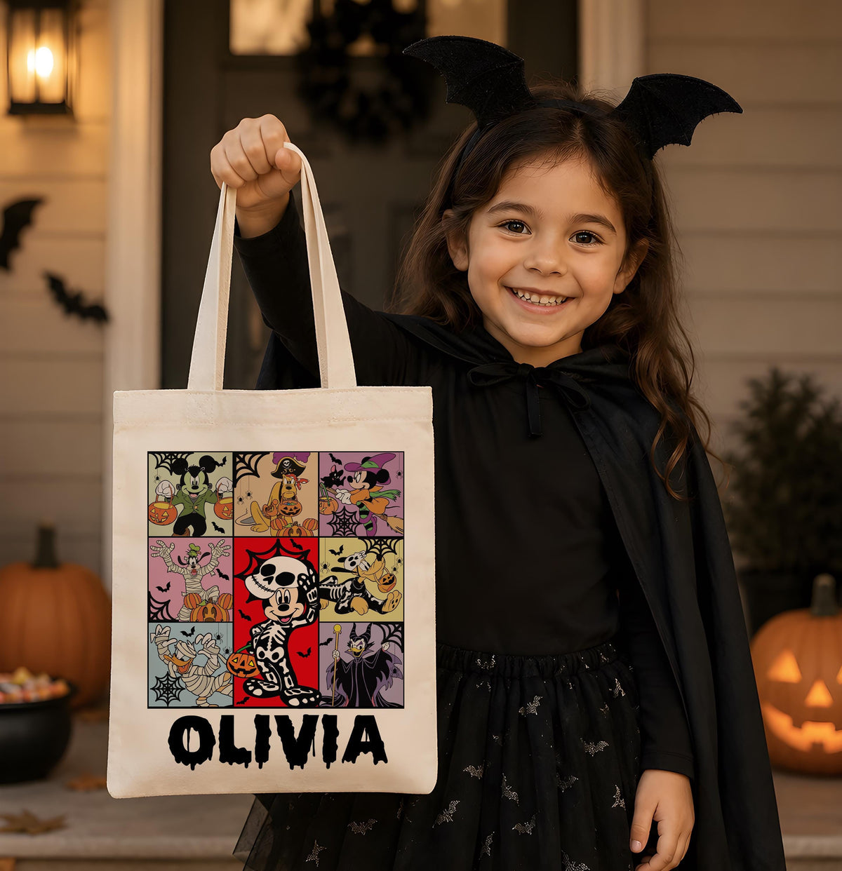 Custom Name Spooky Friends Cartoon Tote Bag, Personalized Kids Halloween Candy Bag
