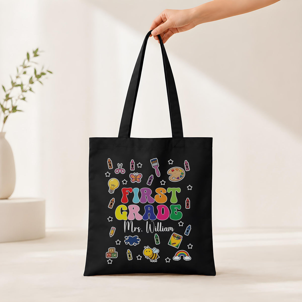 Custom Name Teacher Canvas Tote Bag, Personalized First Grade Teacher Shoulder Bag